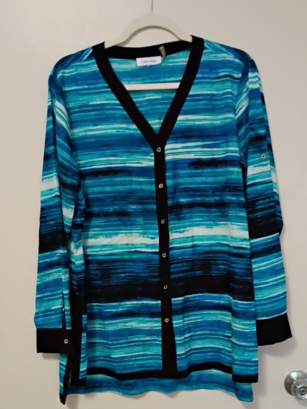 Calvin Klein Turquoise & Black Striped V‑Neck Button Tunic Blouse 1X